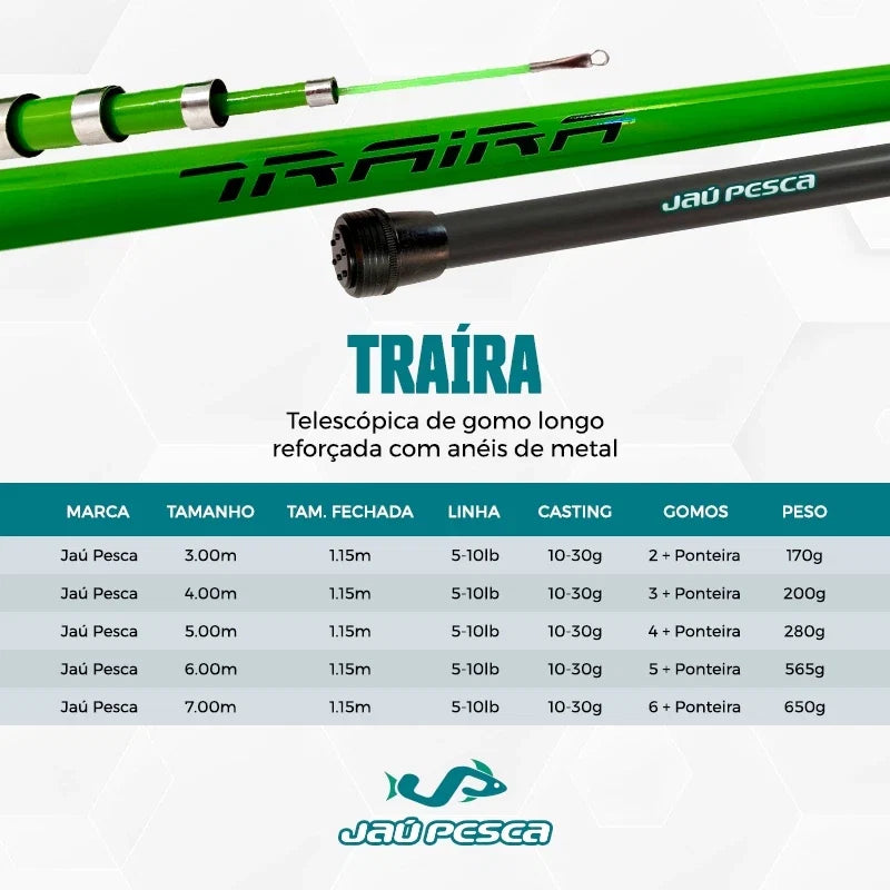 Vara De Mão Telescópica Gomo Longo Traíra Anéis de Aço 3m A 6m Verde Limão