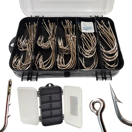 Kit com Estojo e 80 Unidades De Anzol Marine Grande Espinhel Para Tucunaré