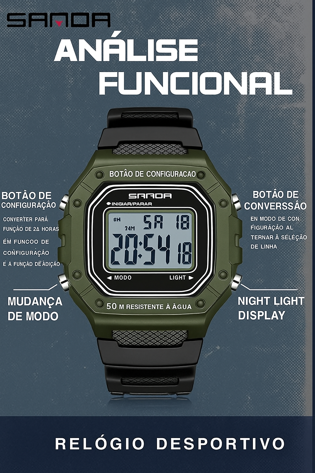Relógio Militar Digital Sanda 2156 à Prova D'Água