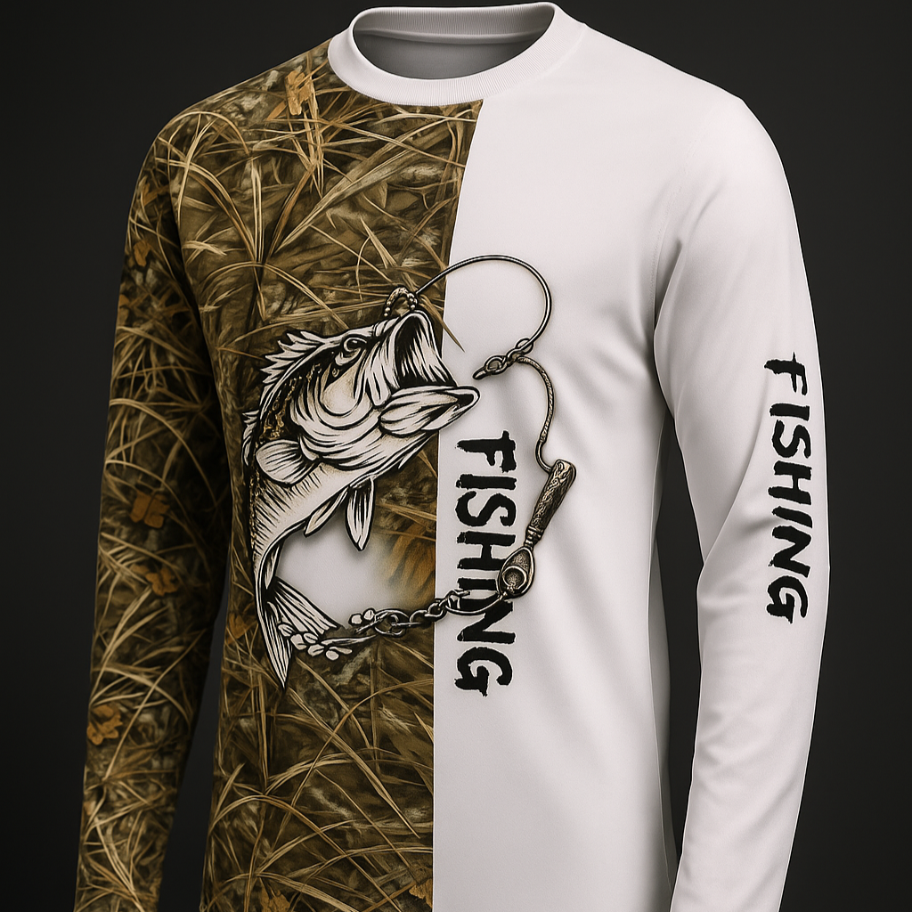 Camisa de Pesca Masculinas de Manga Longa - Secagem Rápida - Marrom Com Branco