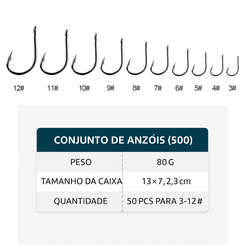 Anzóis de Pesca Aço Alto Carbono - 400 Peças 10 Tamanhos