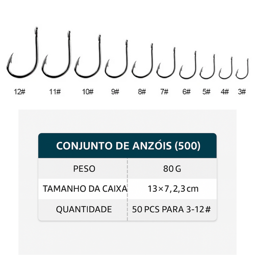 Anzóis de Pesca Aço Alto Carbono - 400 Peças 10 Tamanhos