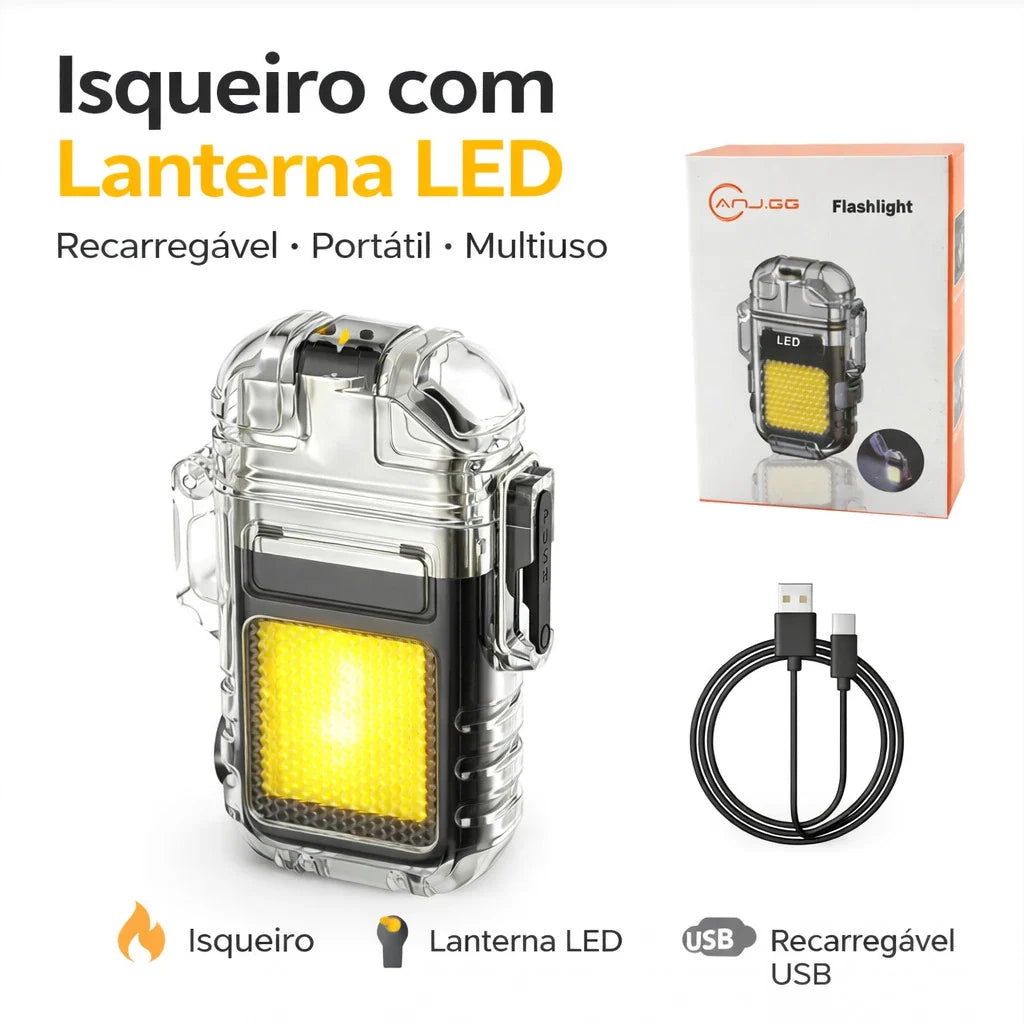 Isqueiro com Lanterna LED Recarregável USB Portátil Multiuso para Camping