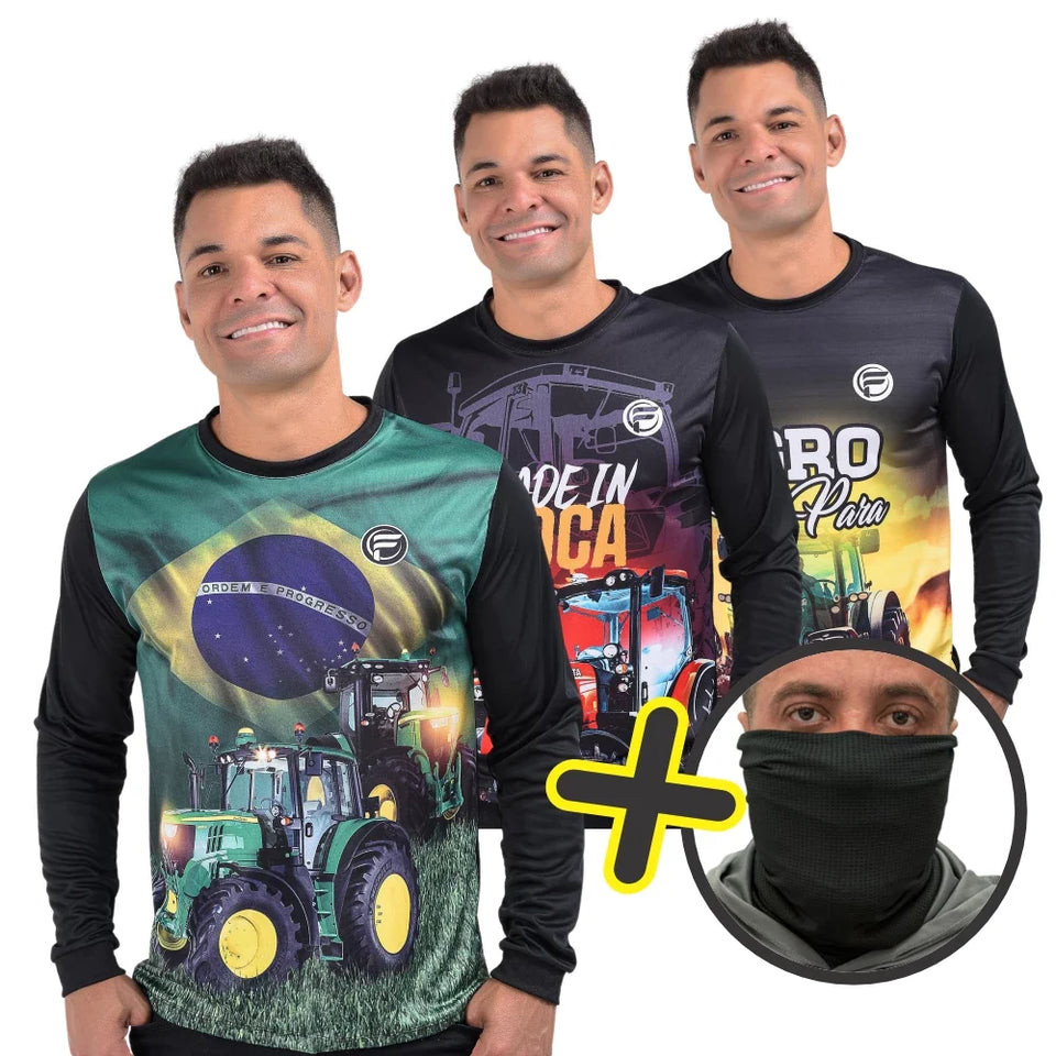 Kit 3 Camisa do Agro + Bandana Camiseta Masculina UV Agropecuária