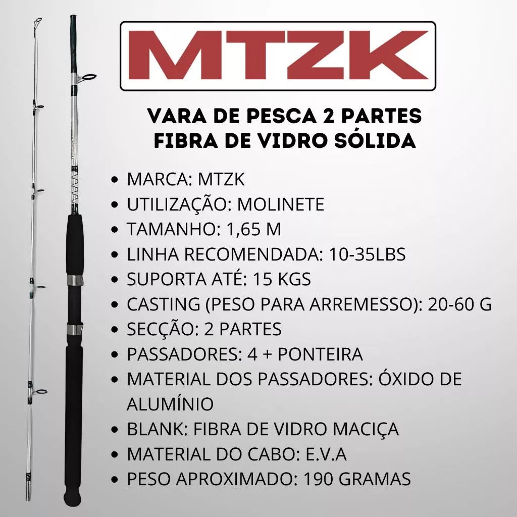 Kit de Pesca Vara Fibra Vidro Maciça 35 Lbs + Molinete 4000 Carretel de Alumínio E Drag de 10 kgs
