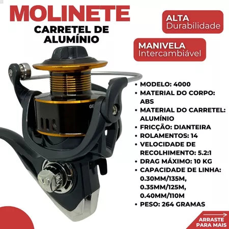 Kit de Pesca Vara Fibra Vidro Maciça 35 Lbs + Molinete 4000 Carretel de Alumínio E Drag de 10 kgs