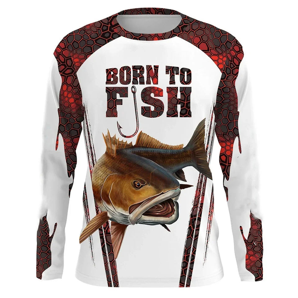 Camisa de Pesca Masculinas de Manga Longa - Secagem Rápida - Peixe Vermelho