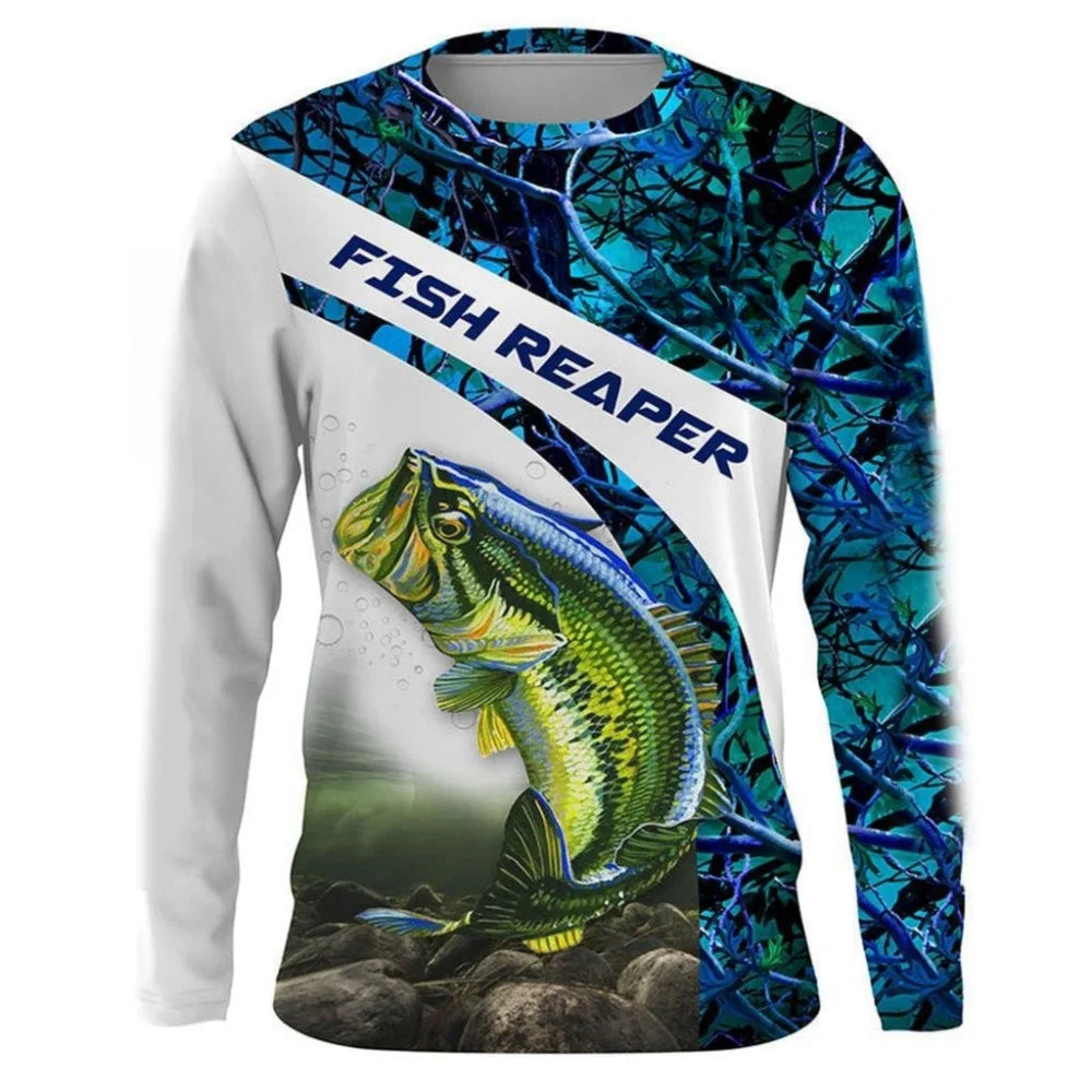 Camisa de Pesca Masculinas de Manga Longa - Secagem Rápida - Peixe Verde