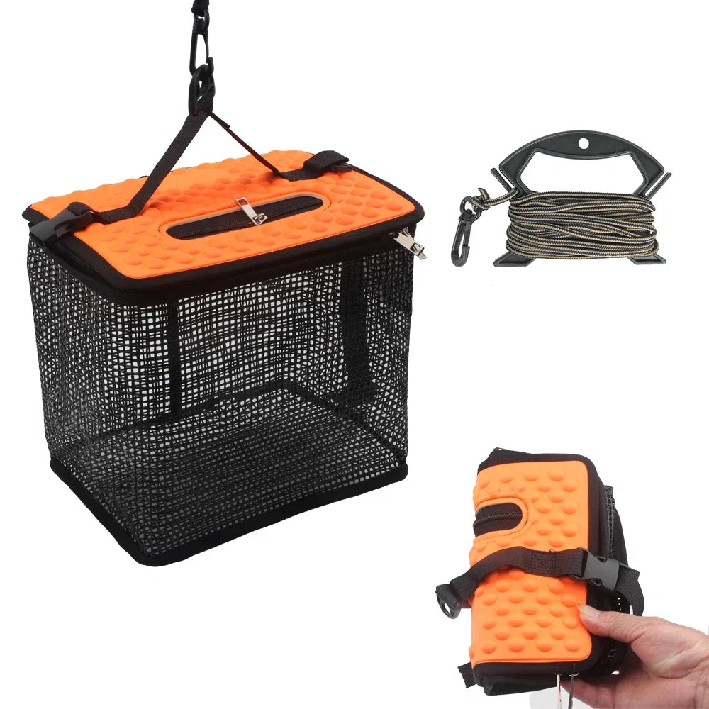 Cesta de Pesca Flutuante Dobrável com Malha Portátil