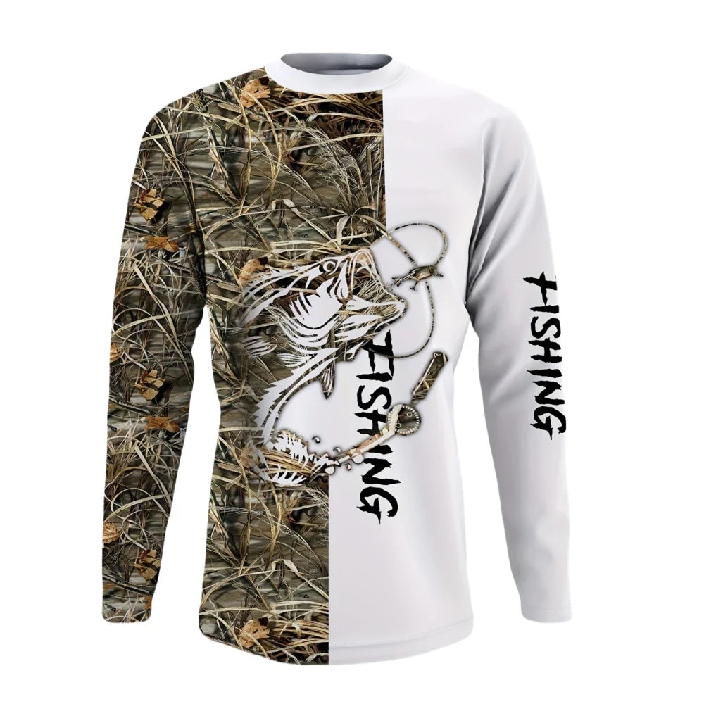Camisa de Pesca Masculinas de Manga Longa - Secagem Rápida - Marrom Com Branco