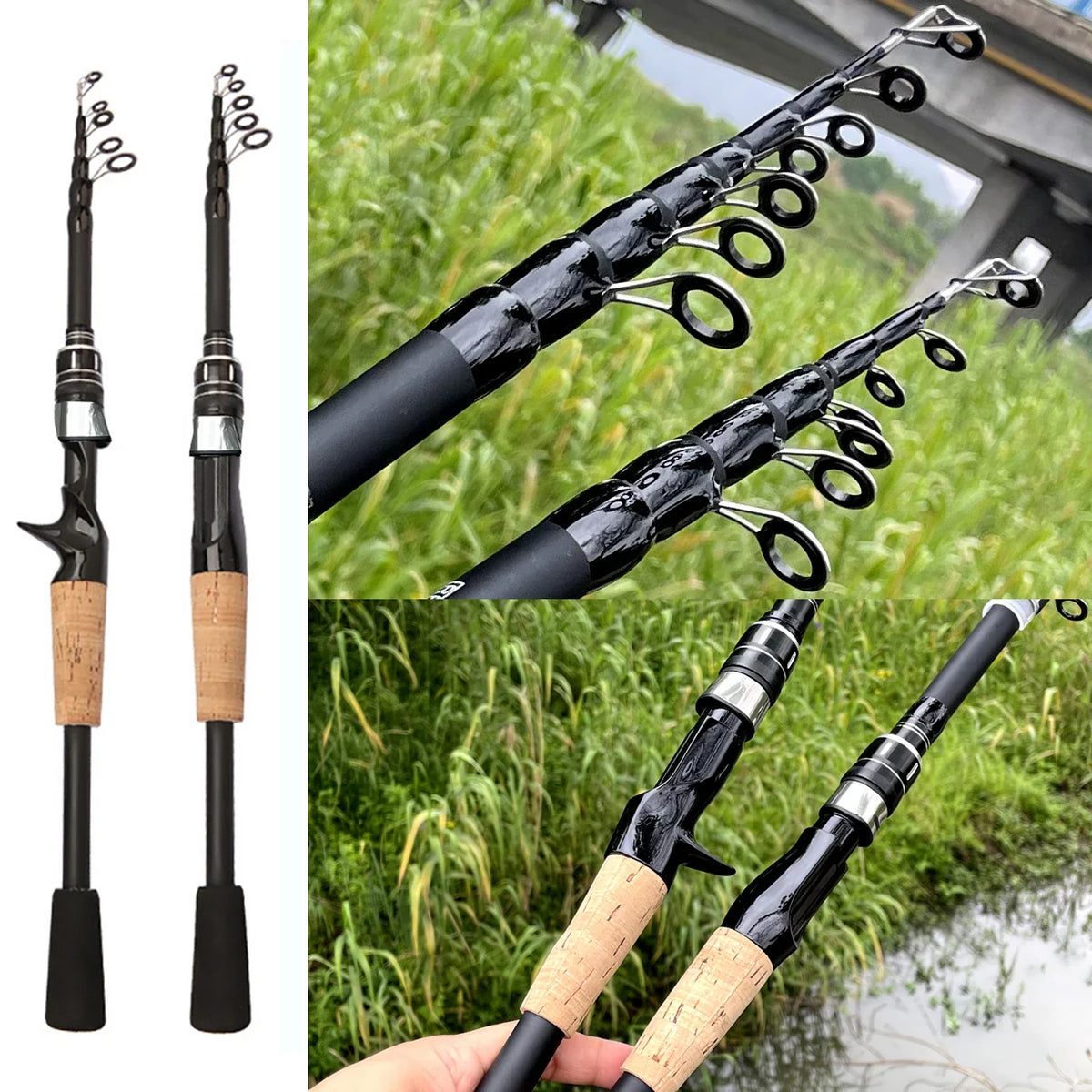 Vara de Pesca Telescópica Kingpesque de Carbono 1.5m a 2.4m - Leve e Compacta