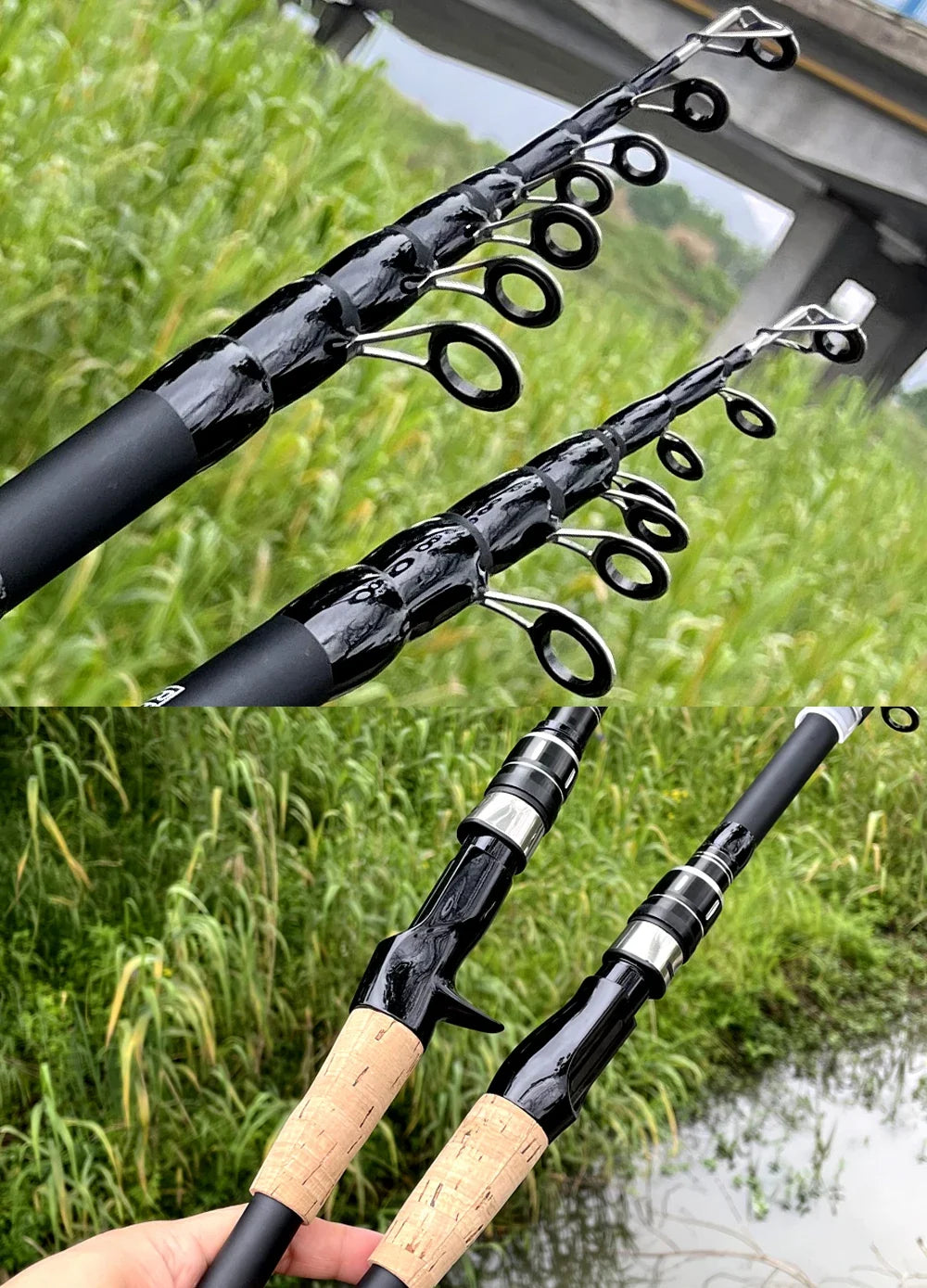 Vara de Pesca Telescópica Kingpesque de Carbono 1.5m a 2.4m - Leve e Compacta