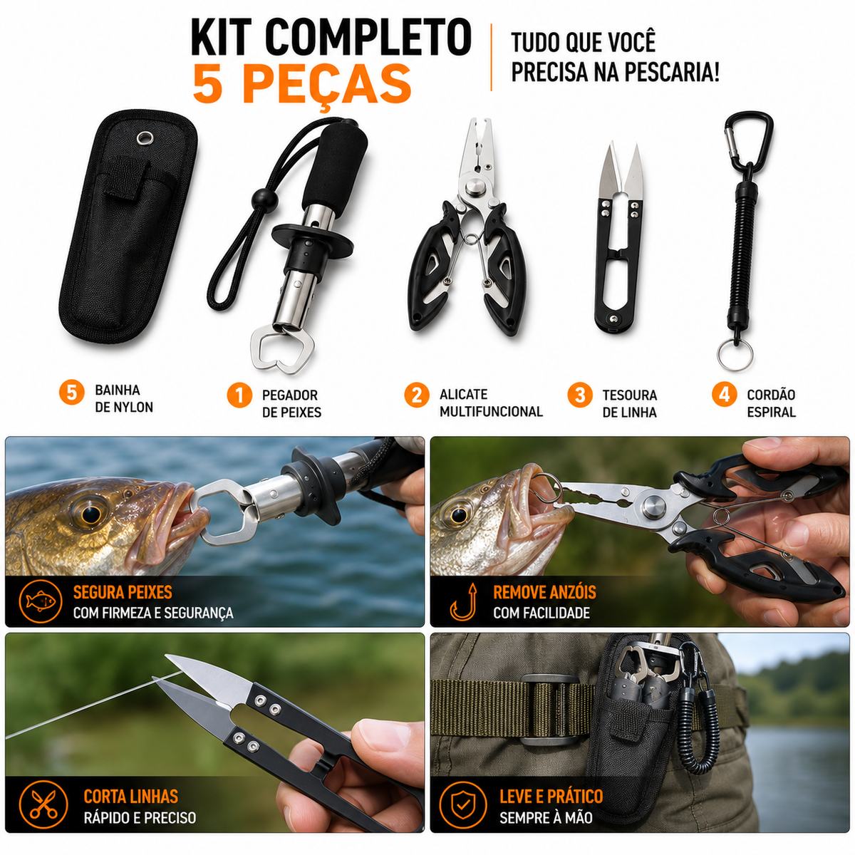 Kit Multifuncional De Pesca Com Alicate E Tesoura 5 Peças