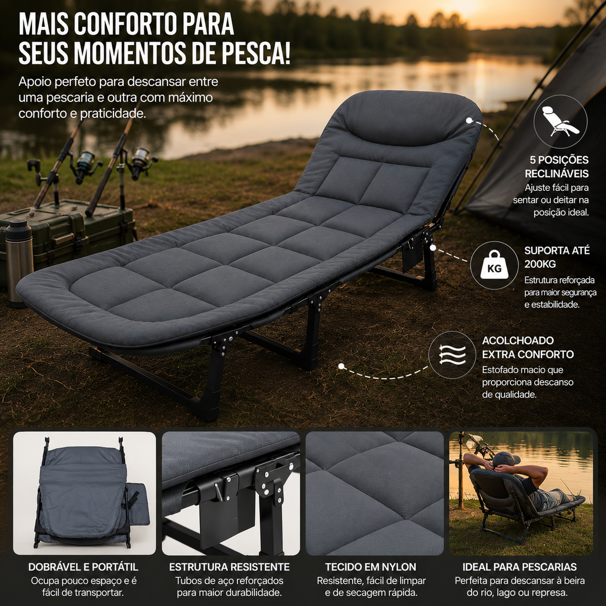 Cama Dobrável Camping Portátil Reclinável 5 Posições Para Acampamento, Descanso E Escritório