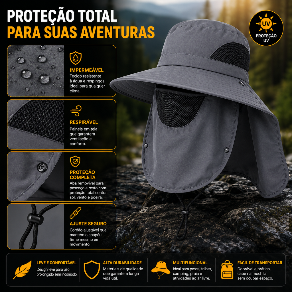 Chapéu De Sol Com Proteção UV50+ Para Pesca, Trilha E Aventura