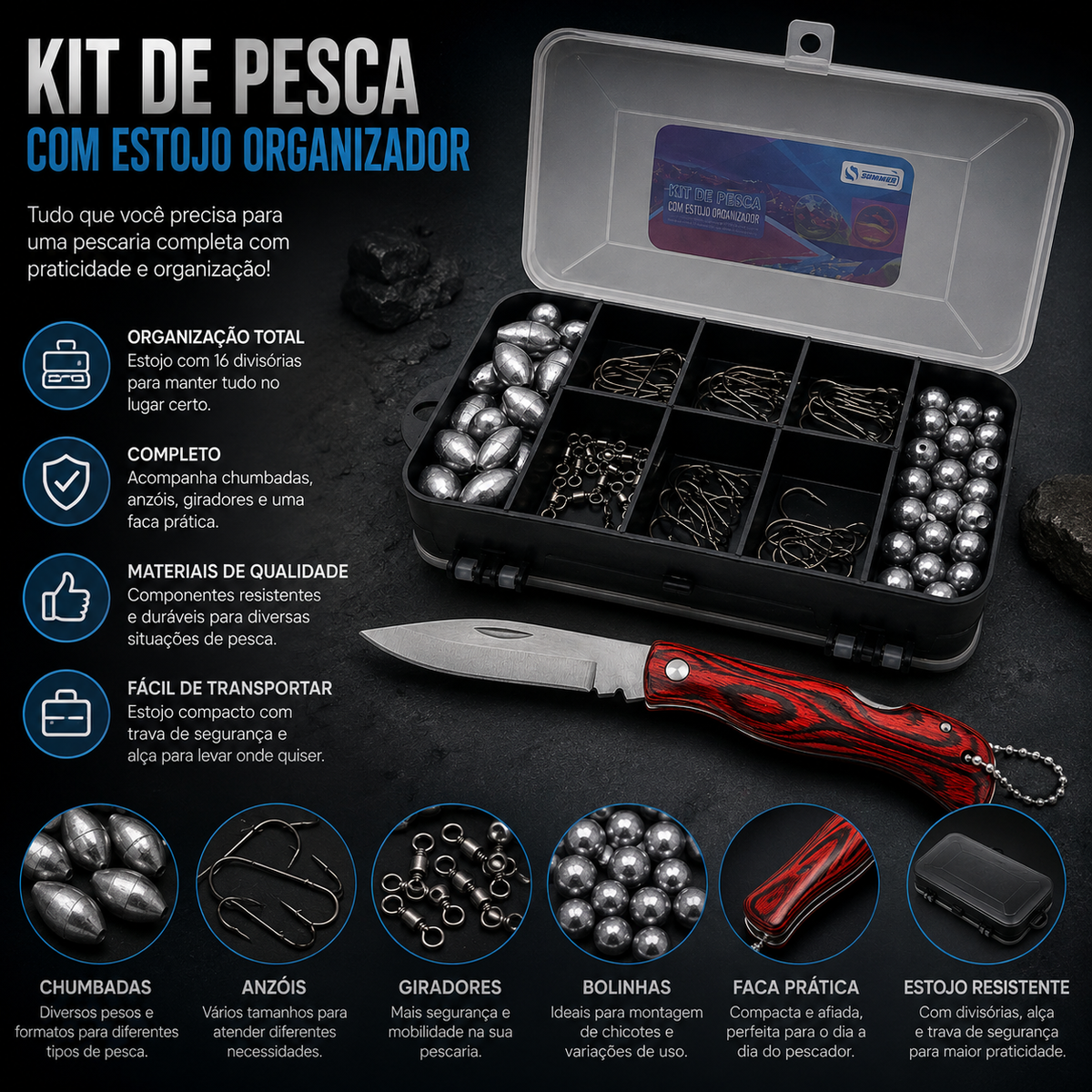 Kit De Pesca Esportiva Com Estojo, Anzóis, Chumbos, Giradores E Canivete Summer