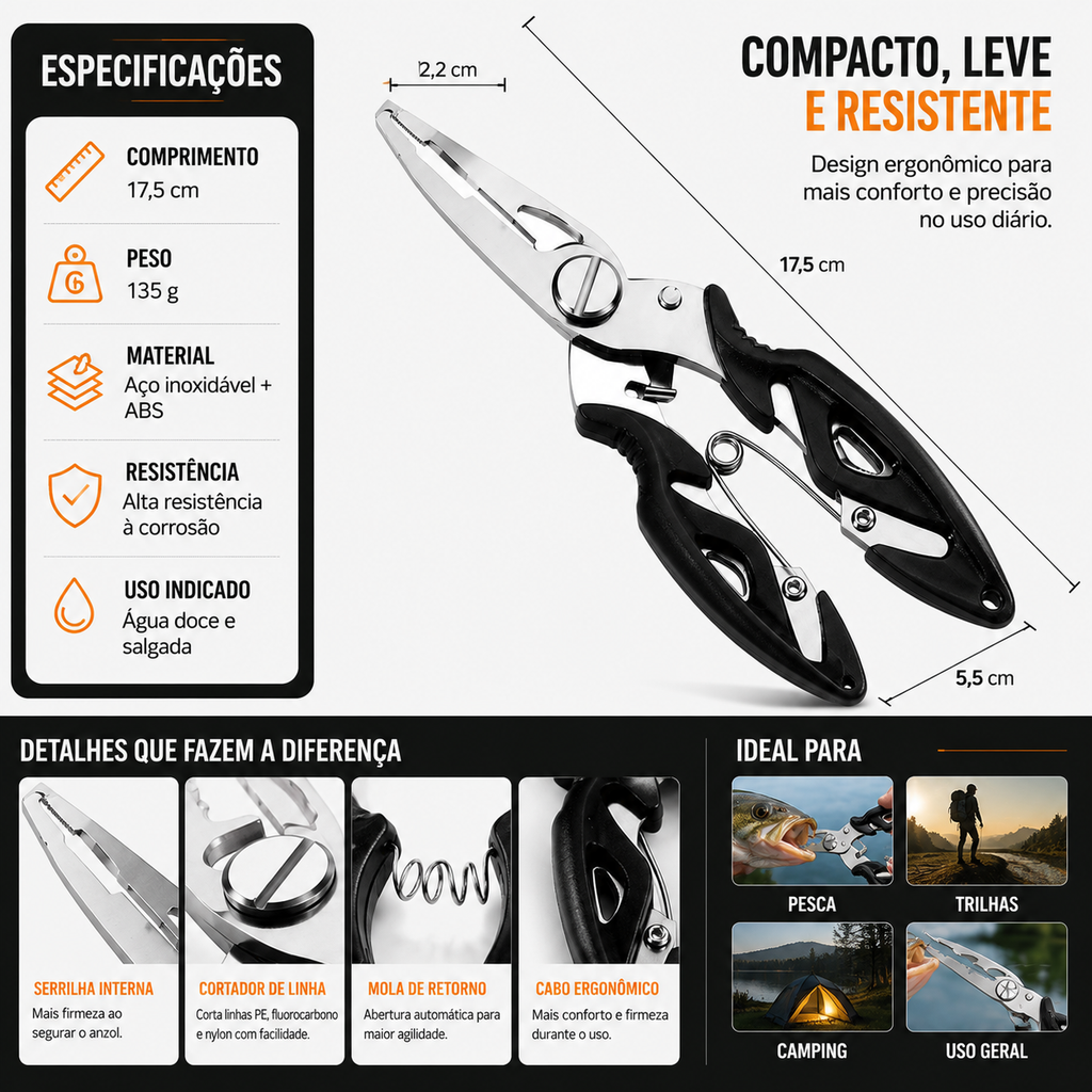 Alicate Multifuncional De Controle De Peixe Em Aço Inoxidável Com Cabo EVA Antiderrapante
