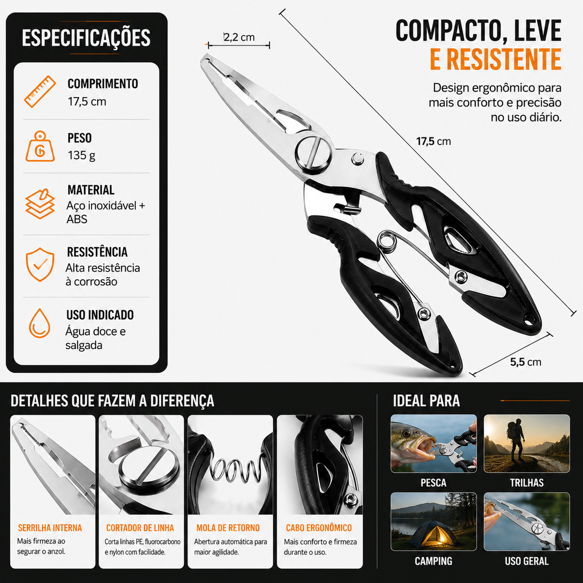 Alicate Multifuncional De Controle De Peixe Em Aço Inoxidável Com Cabo EVA Antiderrapante