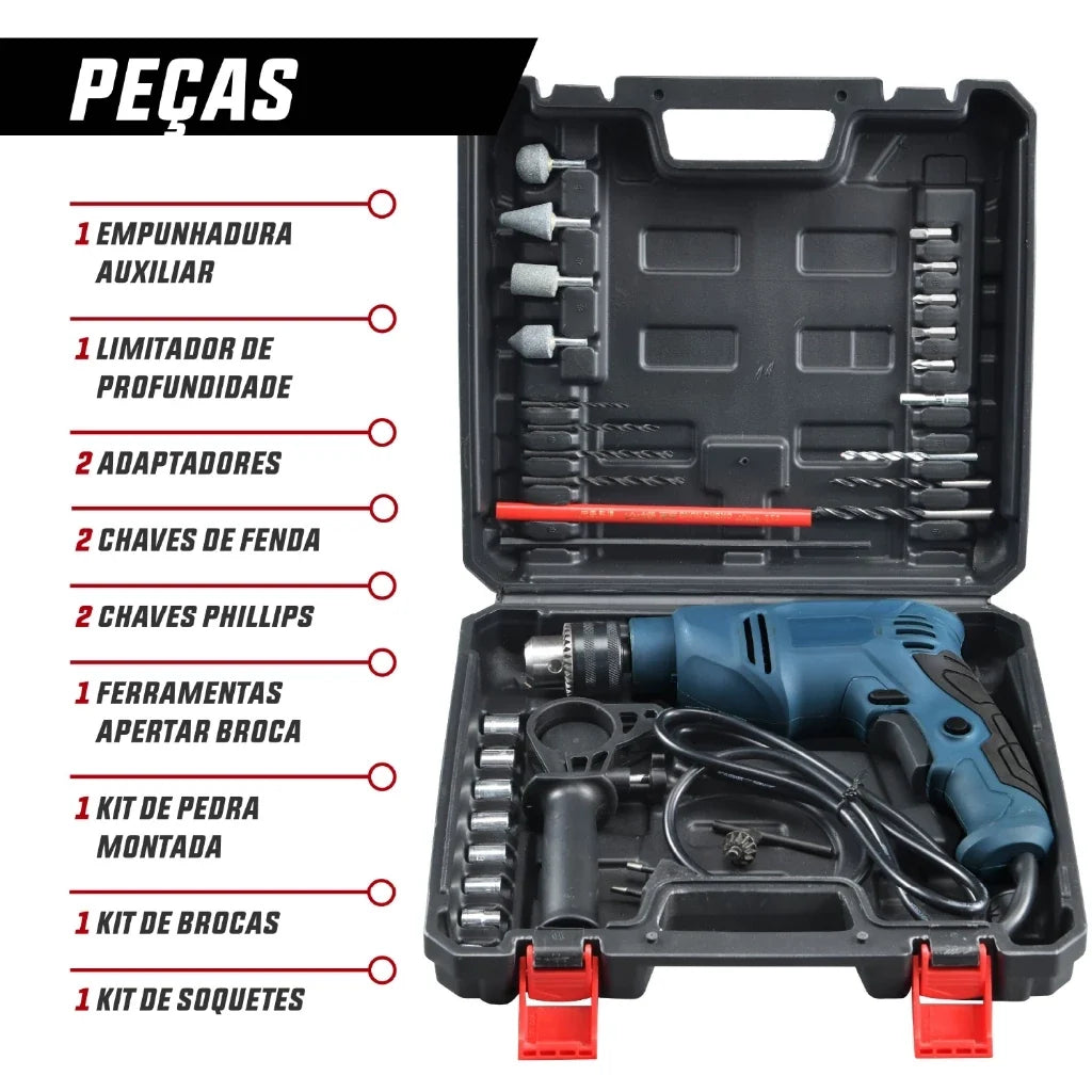 Furadeira Profissional Completa 750W Com Maleta + Kit Brocas Soquetes Reversível