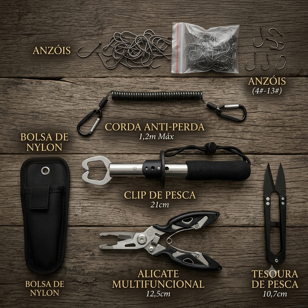 Kit De Pesca Com 105 Peças Alicate Multifuncional Pega Peixe Anzóis E Acessórios