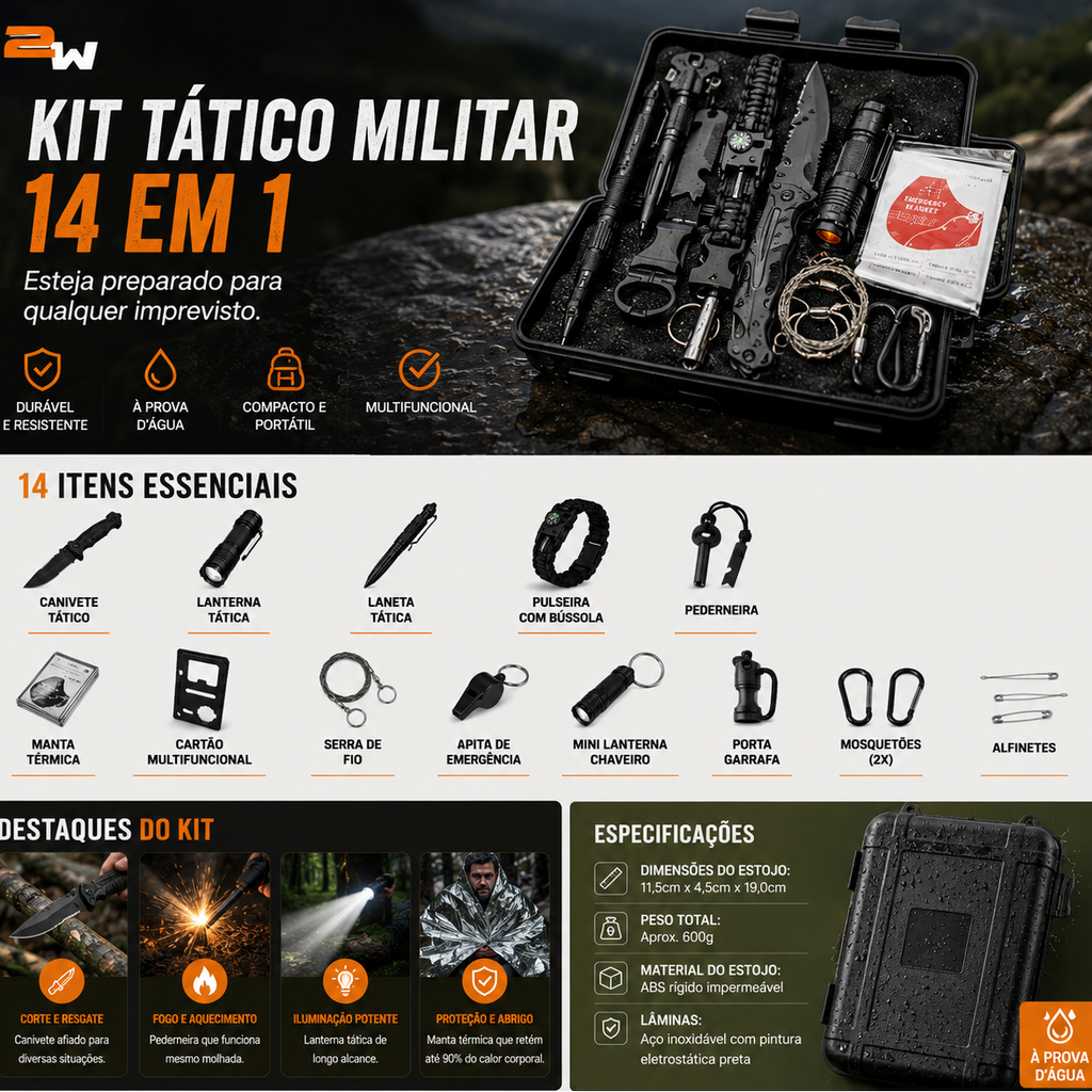 Kit De Sobrevivência Multifuncional 14 Em 1 Com Estojo Impermeável Canivete Lanterna