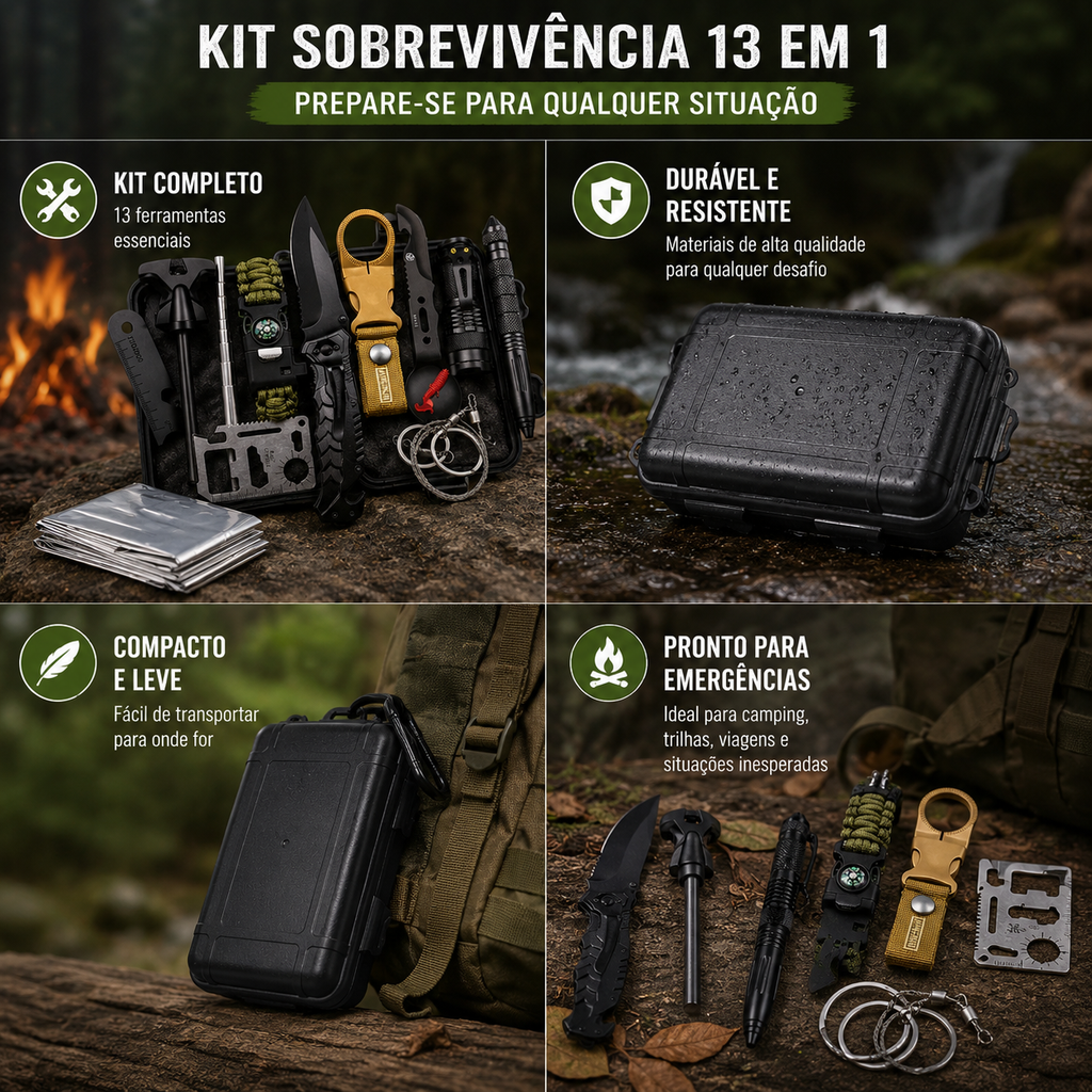 Kit De Sobrevivência 13 Em 1 Para Camping, Trilha E Emergência