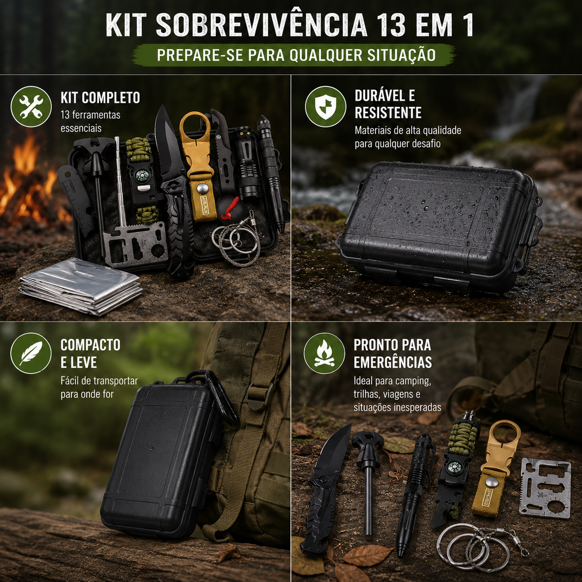 Kit De Sobrevivência 13 Em 1 Para Camping, Trilha E Emergência
