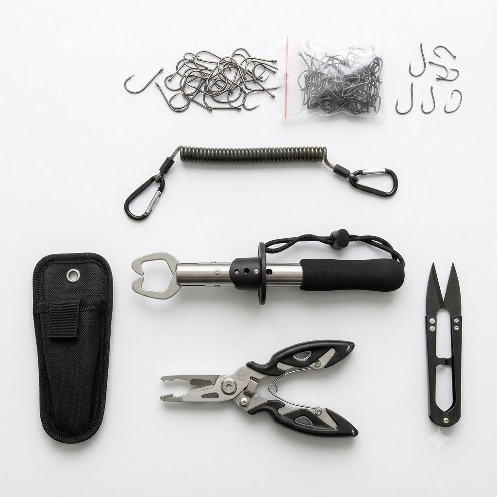 Kit De Pesca Com 105 Peças Alicate Multifuncional Pega Peixe Anzóis E Acessórios
