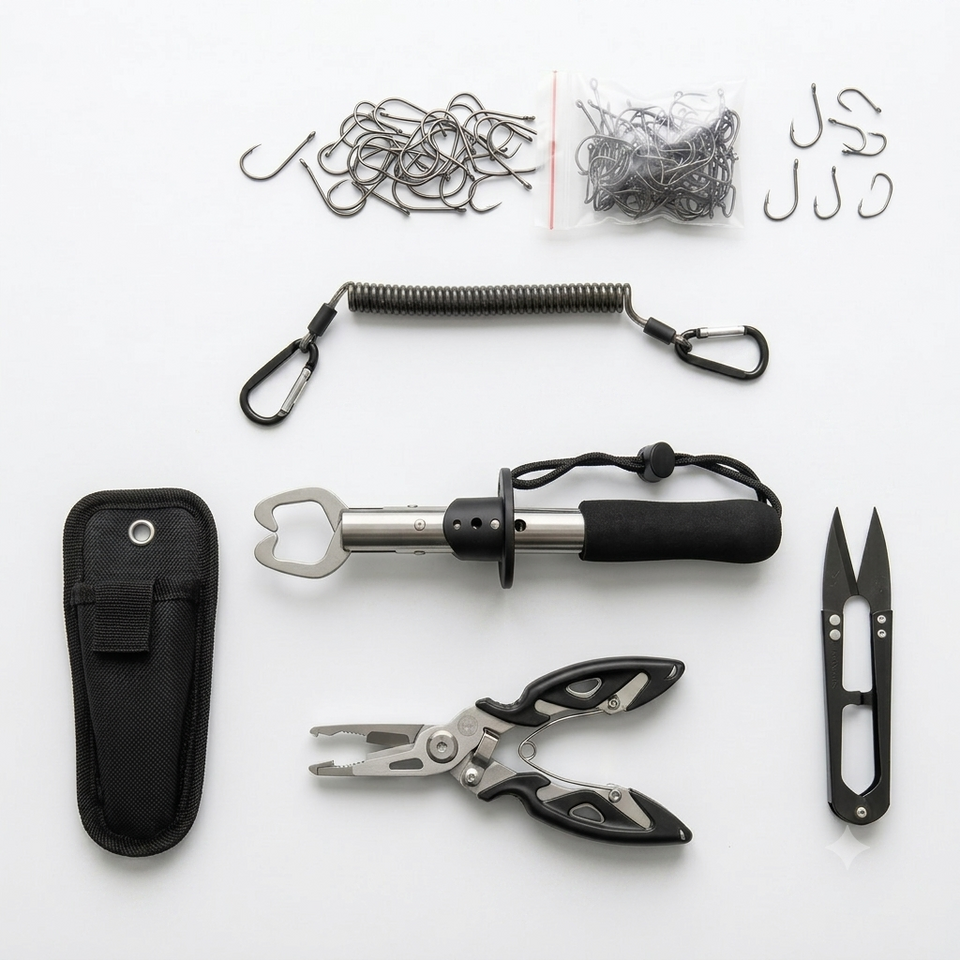 Kit De Pesca Com 105 Peças Alicate Multifuncional Pega Peixe Anzóis E Acessórios