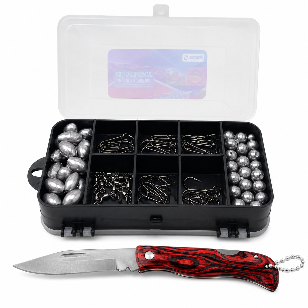 Kit De Pesca Esportiva Com Estojo, Anzóis, Chumbos, Giradores E Canivete Summer