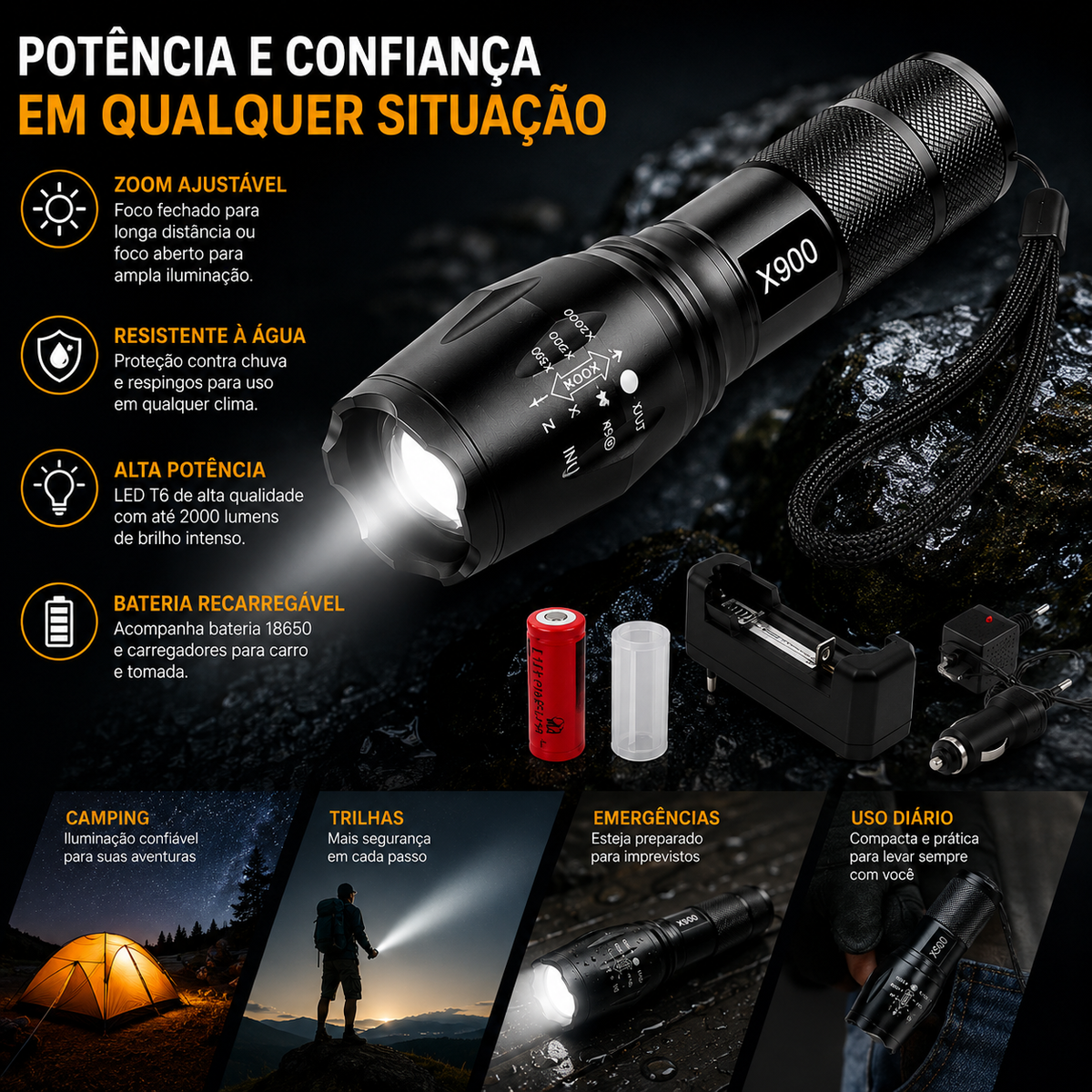 Lanterna Tática Militar X900 Recarregável Com Zoom E Sinalizador