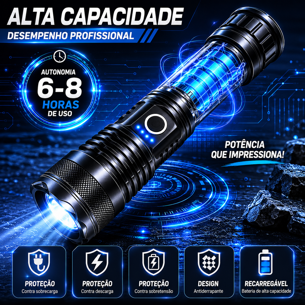 Lanterna Tática Militar Potente T9 – Profissional, Recarregável e Longo Alcance