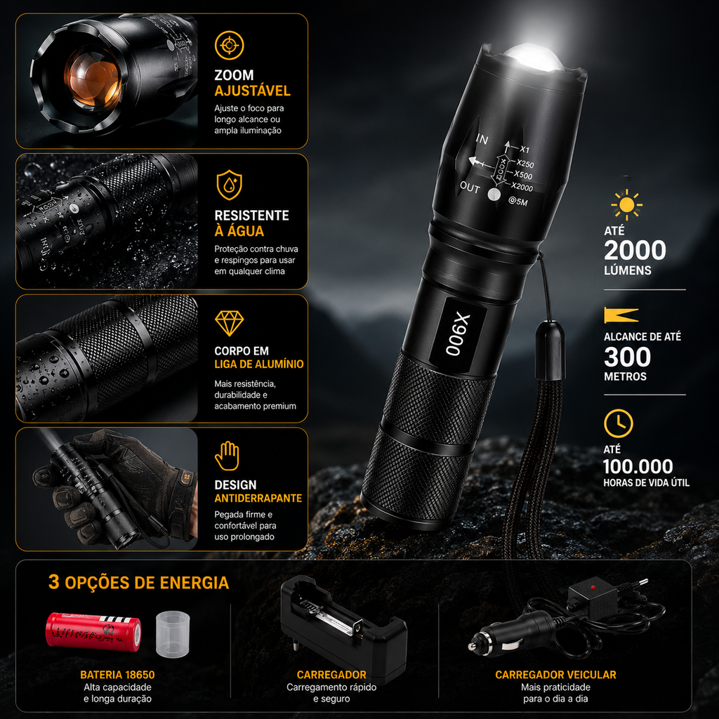 Lanterna Tática Militar X900 Recarregável Com Zoom E Sinalizador