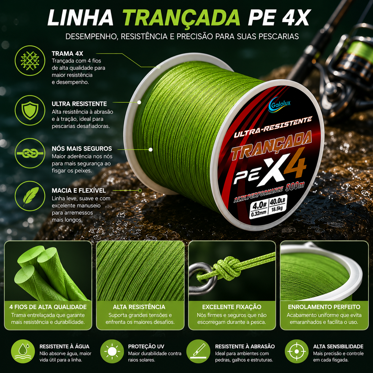 Linha Multifilamento PE 500 Metros Verde Super Resistente