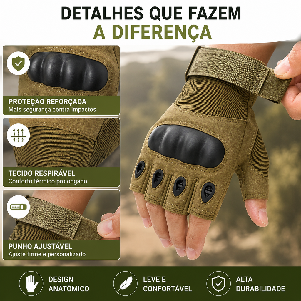 Par De Luvas Táticas Meio Dedo Com Grip Para Pesca, Trilha e Atividades ao ar livre