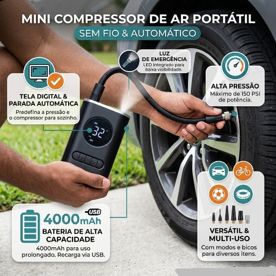Mini Compressor De Ar Portátil Digital Calibrador De Pneus Sem Fio USB 150 PSI