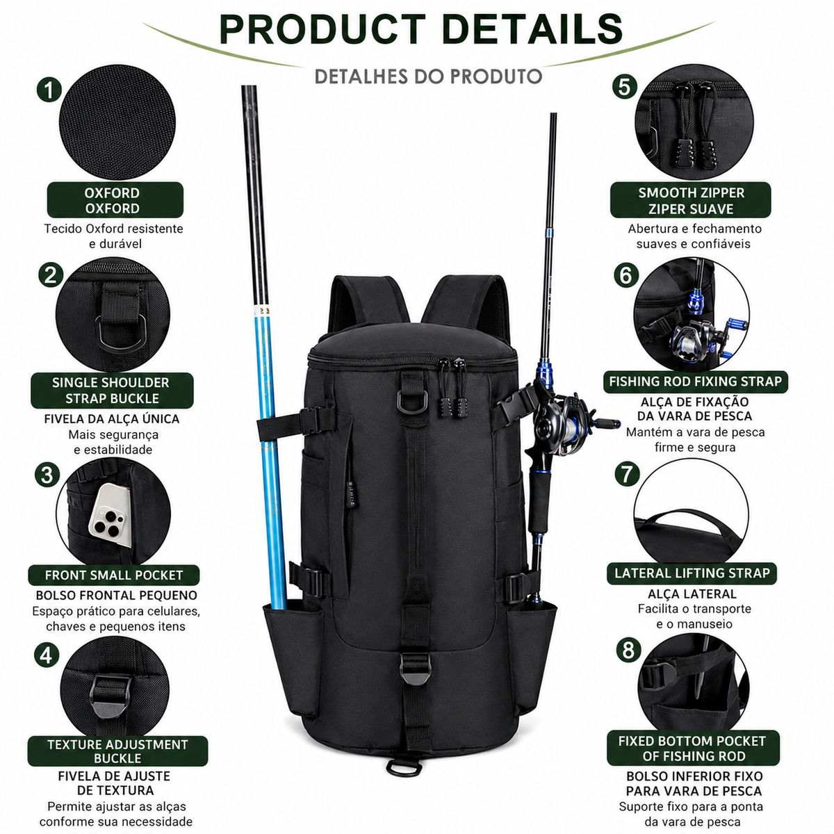 Mochila de Pesca Cilíndrica Grande Multifuncional – Alta Capacidade