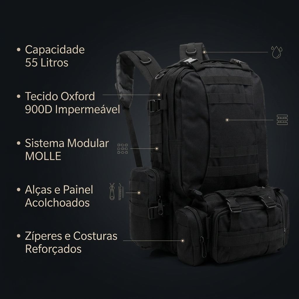 Mochila Tática Robusta 55L Multiuso Modular Impermeável Oxford 900D
