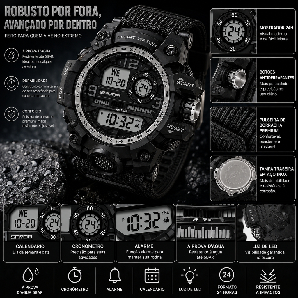 Relógio Masculino Sport Shock Digital À Prova D'Água Com Alarme E Calendário